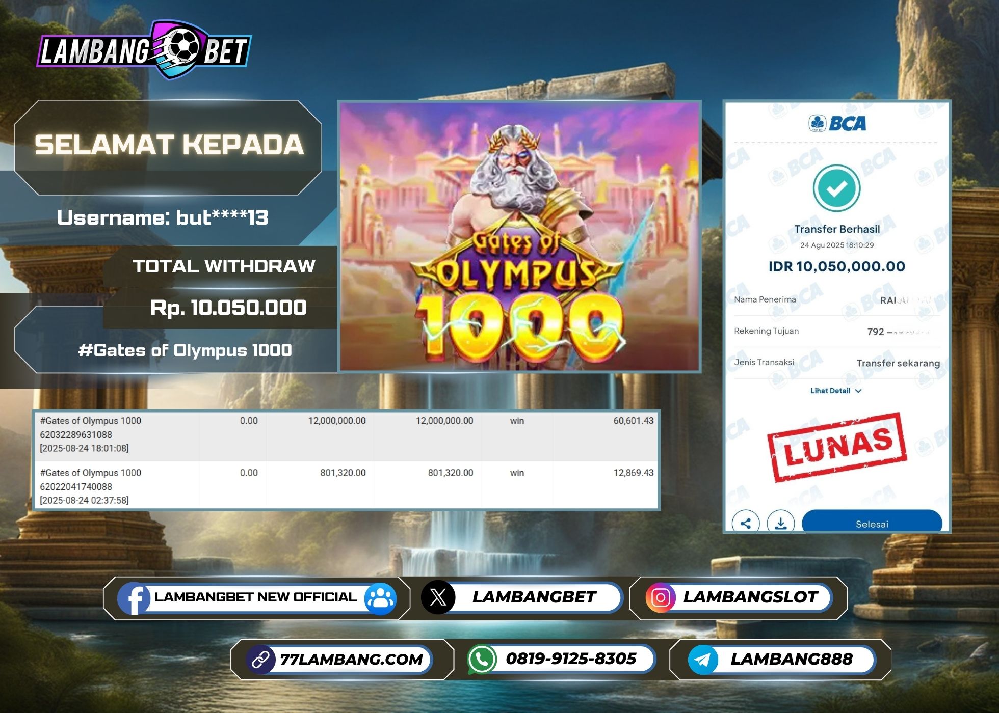 LAMBANGBET [24 AUGUST 2025] JACKPOT SLOT Gates of Olympus 1000 "Rp10.050.000" LUNAS